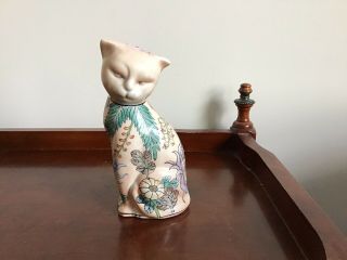 Vintage Oriental Asian Floral Tattoo Ceramic Handpainted Cat Kitten Figurine 7 "