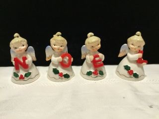 Vintage 1956 Lefton Ceramic Set Of 4 Noel Christmas Girl Angel Bell Figurines