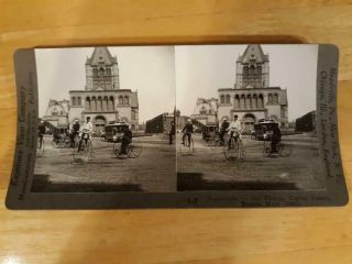Penny Farthing High Wheel Bicycles In Copley Sq.  Boston,  Stereoview 1883