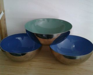 Cathrineholm Enamel Blue & Seafoam Green Lotus Bowls.  Set Of 3 Norway