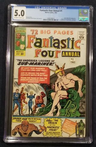 Fantastic Four Annual 1 Cgc 5.  0 Ow/w 1963 Spider - Man Namor Lady Dorma