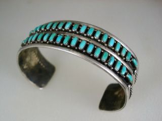 VINTAGE E L Lonasee ZUNI STERLING SILVER & 36 PPT TURQUOISE DOUBLE ROW BRACELET 3