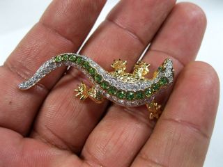 Signed Swarovski Crystal Green Clear Rhinestone Lizard Gecko Pin Swan Logo