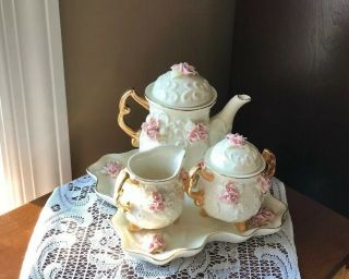 Vtg - Porcelain Teapot Set W/ Matching Creamer,  Sugar & Tray - 3d Roses Gold Trim