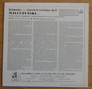 Columbia B/S - SAX 2515 - Malcuzynski - Rachmaninov - Piano Concerto No.  3 - NM 2