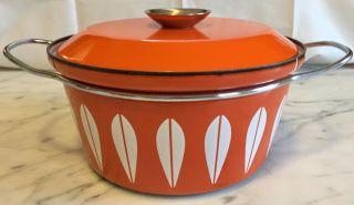 Exc Cond Vintage Cathrineholm Norway Orange Lotus Enamelware Cook Pot Dutch Oven