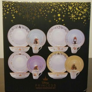 Disney 4 Themes Princess Fancy Fine China Dinnerware Gold Trim 16pc Set Le