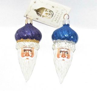 Patricia Breen 2 Miniature Blue Purple Minsk Santa Exclusive Glass Xmas Ornament