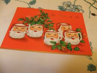 Vintage Christmas Card Mcm Cute Red Santa Mugs From The Five Of Us