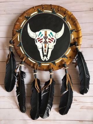Vtg Native American Indian Navajo Painted Rawhide Art Hide Shield Drum Cow Skull