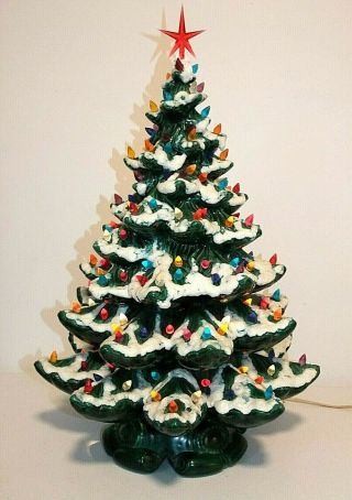 Large 24 " Vintage Ceramic Christmas Tree,  Loads Of Multi - Color Lights,  Snow Caps