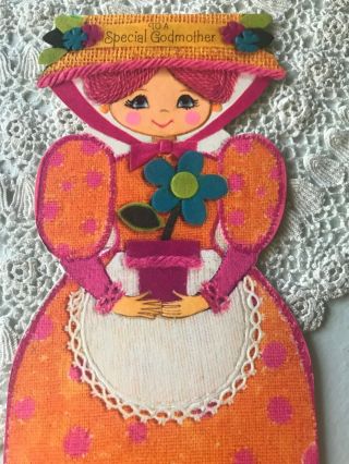 Vintage Mother’s Day Card Diecut Hallmark Fabric Yarn Lady Girl Orange Pink