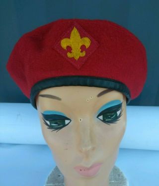 Vtg Official Headwear Bsa Boy Scouts Of America Red Wool Beret Hat Eagle Old