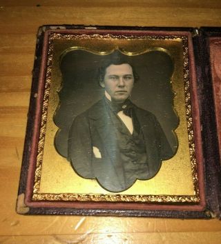 Daguerreotype 1/6th Plate Of A Young Man Wearing A Suit W/ A Bow Tie C.  1839 - 1860