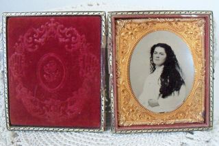 Civil War Era Tintype Photograph In Case Pretty Woman With Long Dark Hair