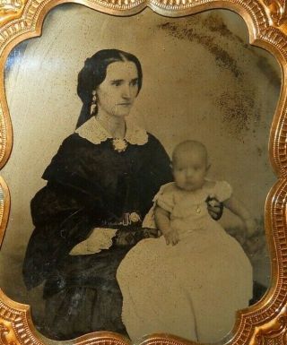 1/6th Size Ambrotype Of Mother With Baby In Brass Frame