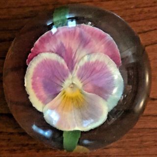 Vintage Signed W Rolfe Lucite Acrylic Paperweight Purple Pansy Flower 3 "