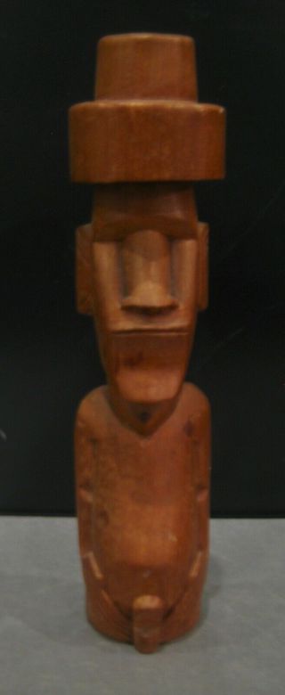 Vintage Easter Island Moai Carved Wood Figure With Pukao And Symbols On Back