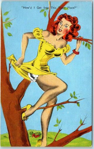 1940s Pin - Up Girl Postcard Redhead Girl In Tree " Tight Place " Kropp Linen 8530