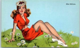 Vintage Pin - Up Girl Postcard Daisy Flowers " Miss Behave " Canada 1940s Eo5