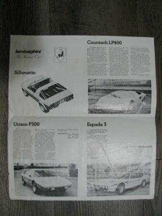 1975 - 1976 Lamborghini Countach Lp400 Silhouette,  Urraco P300 & Espada 3 Brochure
