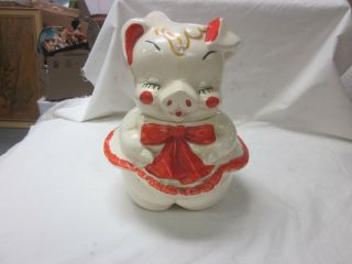 Vintage American Bisque Girl Pig Cookie Jar Ceramic 1940 