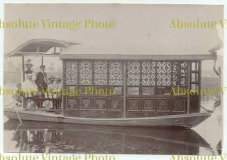 Old Albumen Photo Chinese Sampan Houseboat Rural China Qingdao / Tsingtao C.  1910