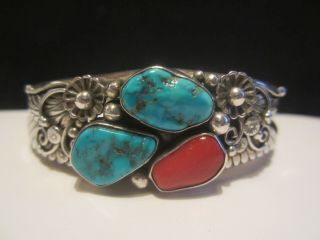 Native Vintage Pawn Navajo Sterling Silver Turquoise Coral Cuff Bracelet Signed