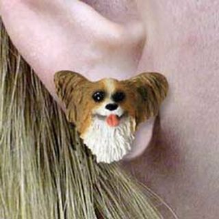 Papillon Papillion Brown White Tiny One Dog Head Post Earrings Jewelry