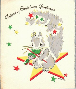 Star Surfing Squirrel Woodland Friend Art Deco Angel Vtg Christmas Greeting Card