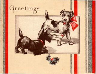 Puppy Dog Friends Exchange Letter Note Art Deco Pups Vtg Christmas Greeting Card
