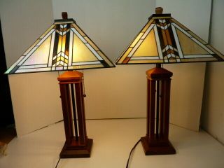 Vintage 2 - Wood Table Lamp With Stained Glass Lampshade Tyffany Style