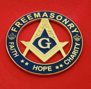 Masonic Master Mason 3 " Faith Hope Charity Car Auto Emblem Blue // Gold Plated
