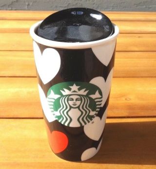 Starbucks 2015 Double Wall Black/whitered Heart Coffee/tea Travel Mug