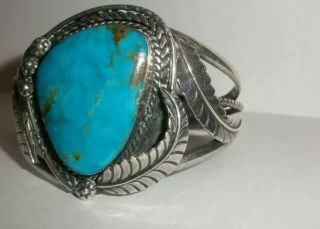 Vintage Sterling Silver Navajo Old Pawn Turquoise Leafs Cuff Bracelet