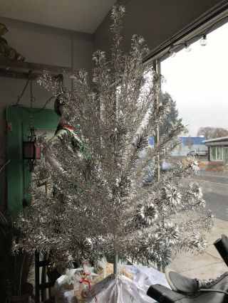 Vintage 6ft Silver Aluminum Christmas Tree 94 Pom Branches Orig Box Evergleam