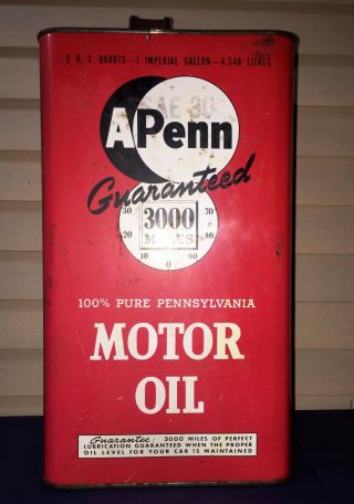 Vintage Apenn 3000 Miles 100 Pure Pennsylvanian Motor Oil 1 Imperial Gallon Can