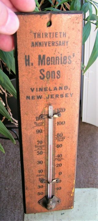 Vintage Wooden Thermometer.  H.  Mennies & Sons.  Vineland Nj.  Advertising Vineland