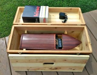 Vintage 24 " Wooden Rechargeable Battery Rc Boat With Custom Wood Case