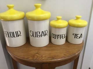 Vintage Mid Century Ceramic Holiday Designs Canister Set Yellow Lids