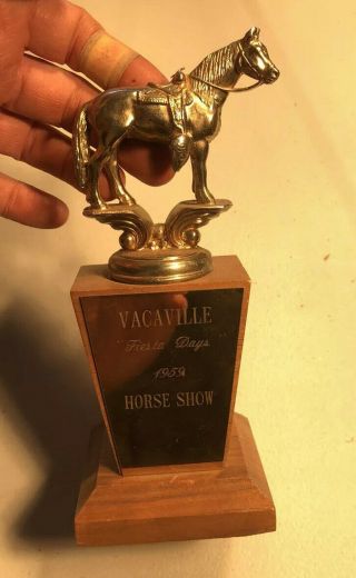 Vintage 1959 Horse Show Trophy Award Metal With Wood Base Fiesta Days Vacaville