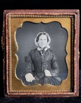 Anice 1/6 Plate Daguerreotype Of A Woman In Her Bonnet With Brooch At Her Neck