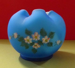 Vintage Glass Rose Bowl Mid Century Modern Blue Cased Hand Painted Daisy Signed