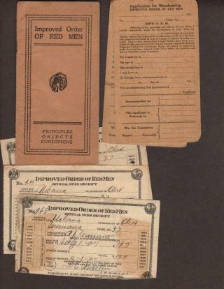 Vintage Improved Order Of Red Men Principals,  Dues Receipts Applications Ohio