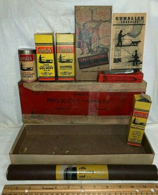 Antique Gunslick Rifle Cleaning Kit Vintage Oil Oiler Solvent Rod Grease Box Old