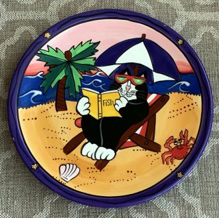 Catzilla Candace Reiter Hand Painted Cat Beach Scene 8 " Plate -