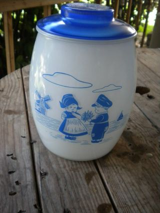 Vintage Farmhouse Bartlett Collins Canister/cookie Jar White Blue Glass With Lid