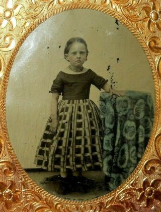 Lovely 1/6th Size Tintype Of Young Girl With Tinting In Brass Frame