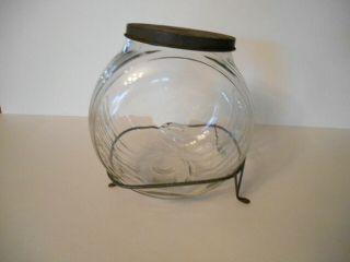 Old Clear Round Disk Glass Sellers " S " Hoosier Cabinet Canister Jar W/lid & Base
