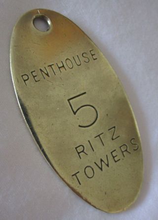 Vintage Ritz Towers York Hotel Penthouse 5 Keychain Oval Brass Metal Fob